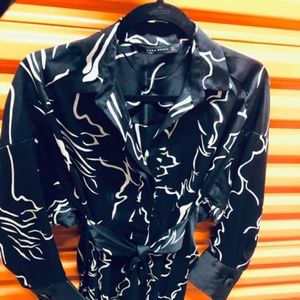 ZARA Satin Black Midi Dress w Print, Size S, New